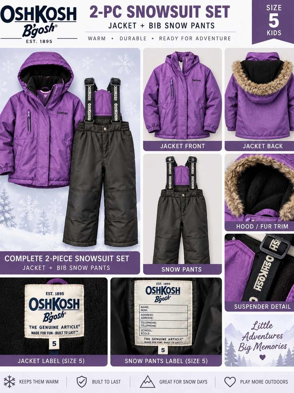 OshKosh B’gosh Girls Size 5 Purple 2 Piece Snowsuit Set